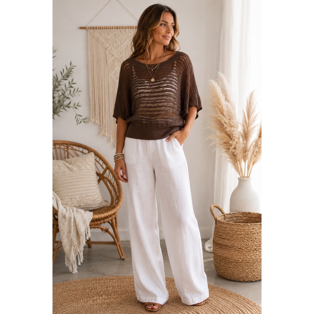 Banana Republic Brown Open Knit Sweater Quiet Luxury Coastal Chic Boho Luxe L